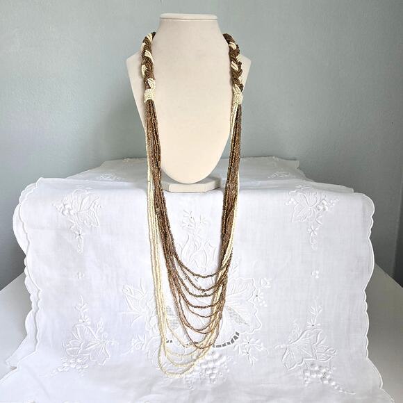 None and/or Unknown Jewelry - Vintage Beaded Necklace Braided Long Multistrand Cream Bronze Classic Boho Glam